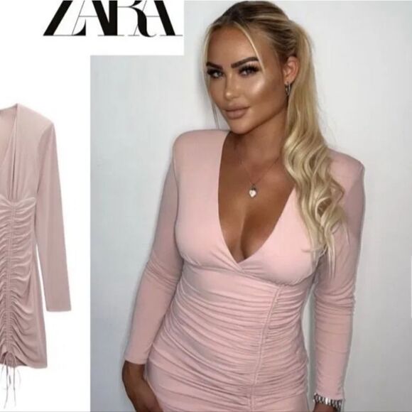 New Zara Pale Pink Mini Ruched Dress Blogger Favorite Size Medium - Picture 13 of 13